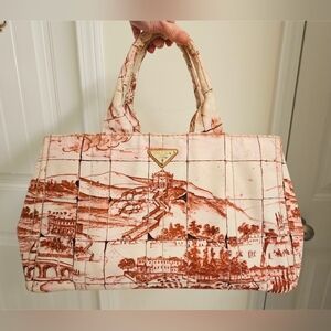 Prada Canapa Limited Edition Cream and Pink/Burgundy Printed Tote